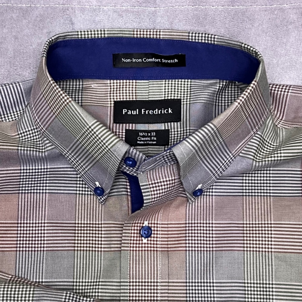 Paul Fredrick Dress Shirt Mens 16.5 x 33 Multi Color Excellent Plaid Non-Iron